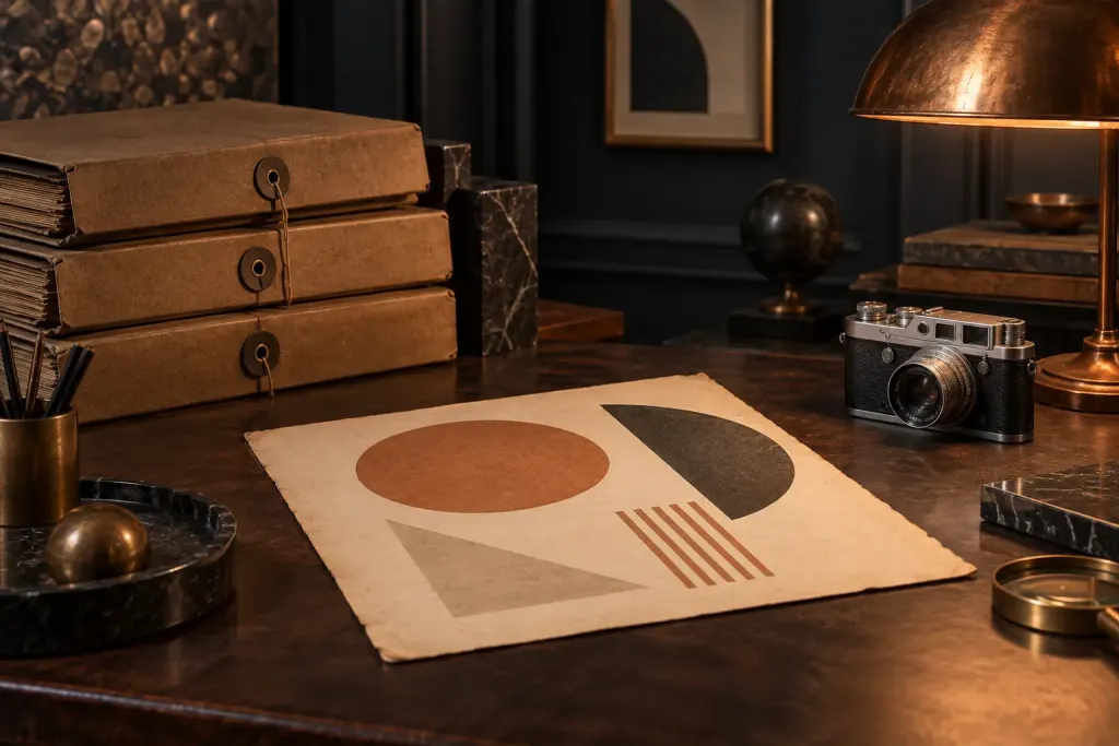 Illustration of archival folders, an abstract printed sheet and a vintage camera