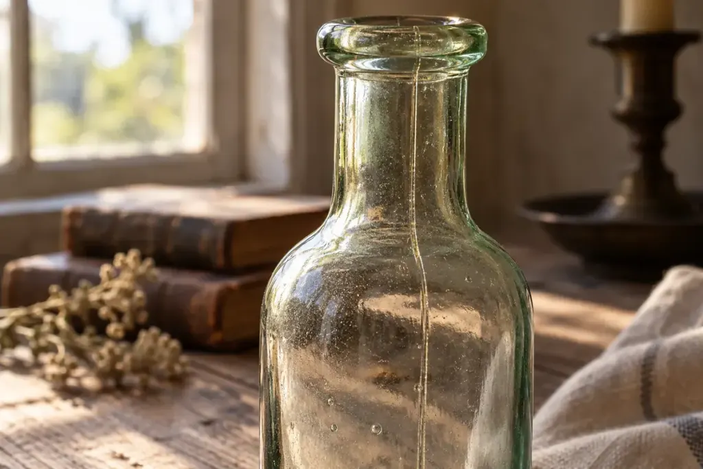 A faint vertical mould seam on an empty illustrative glass bottle.