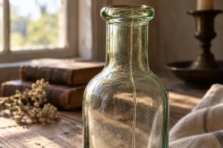 A faint vertical mould seam on an empty illustrative glass bottle.