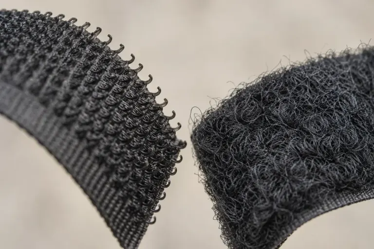 Macro illustration of the hook and loop surfaces of a textile fastener.