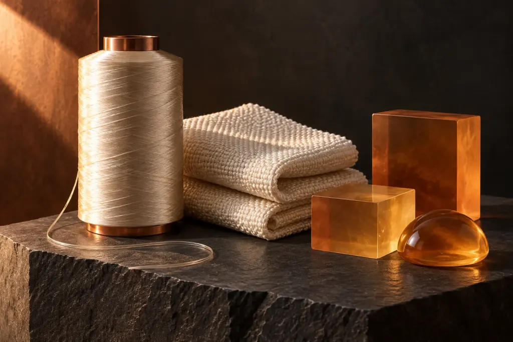 Illustration of fiber, woven cloth and amber material samples on a dark display plinth
