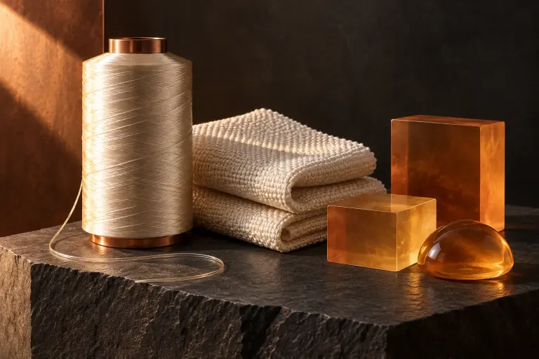 Illustration of fiber, woven cloth and amber material samples on a dark display plinth