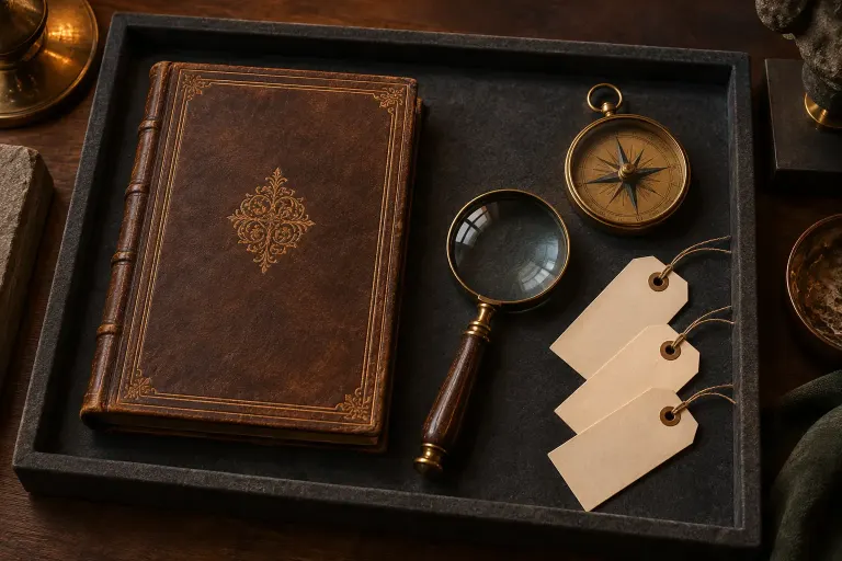 Illustration of a catalogue, blank object tags and compass in a museum-style tray