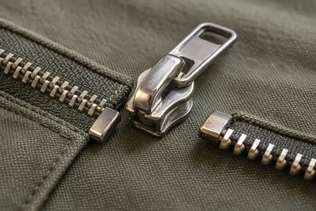 A close view of a metal zipper slider and teeth on plain fabric.
