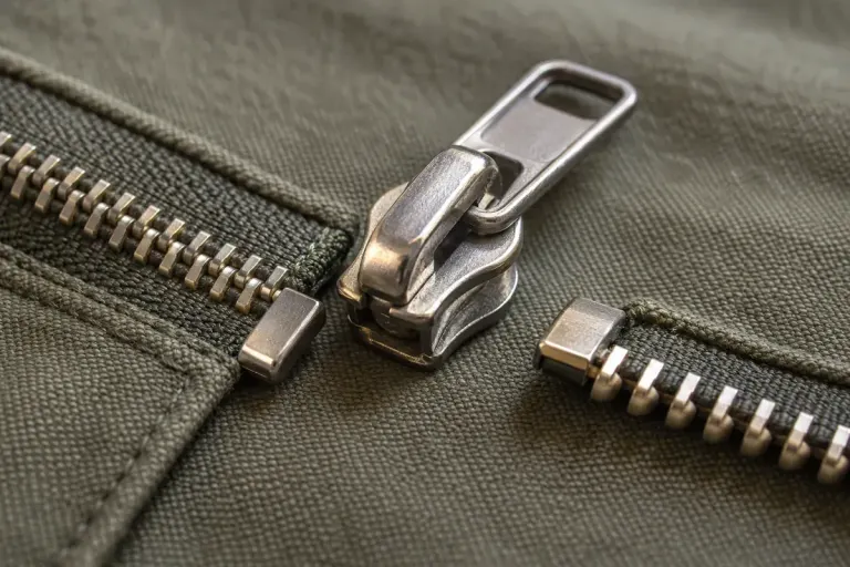 A close view of a metal zipper slider and teeth on plain fabric.